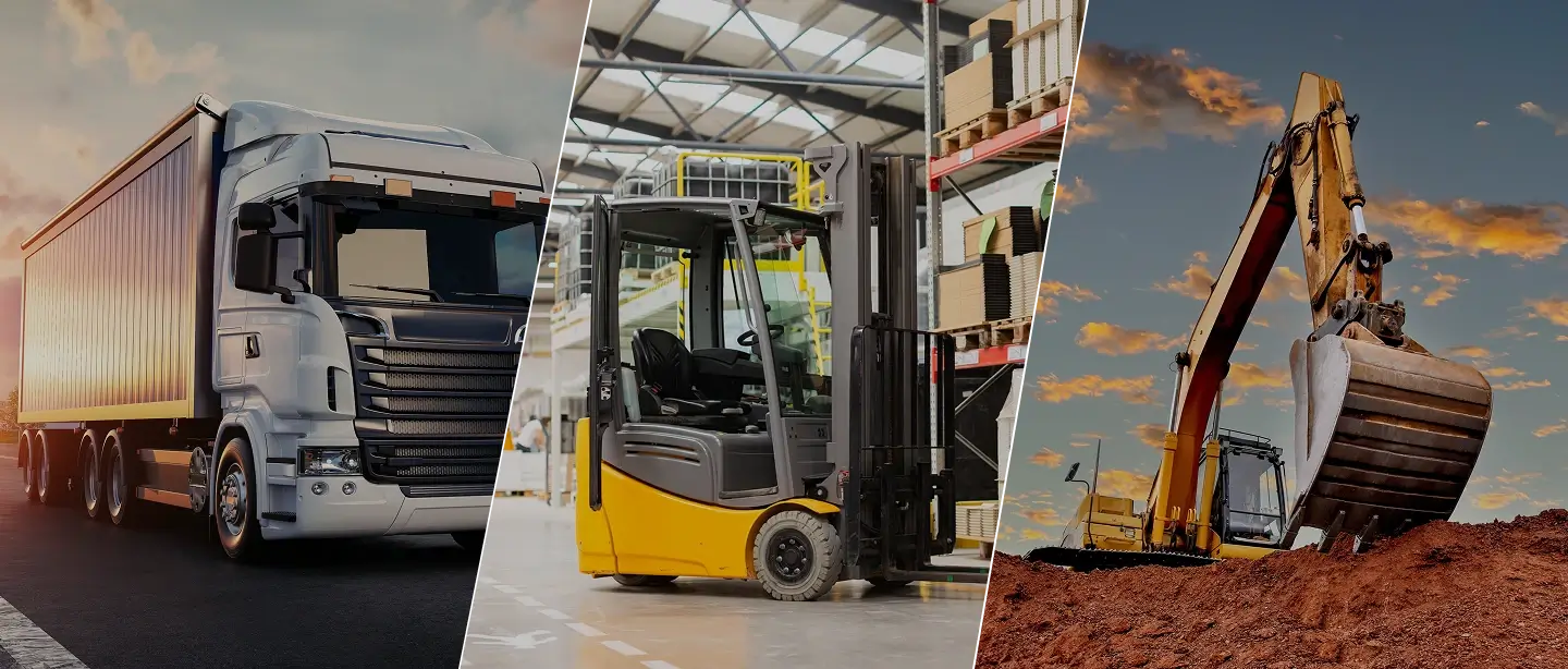 Three image pushed together. First a HGV driving on a road, second a forklift being used in a warehouse, lastly a excavator being used to dig up dirt at a site