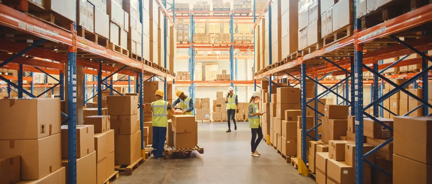 Workers working in a warehouse. Two men using a forklift and a woman looking at boxes holding a clipboard